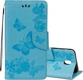 Voor Galaxy J7 (2017) (EU-versie) Geperste bloemen Vlinderpatroon Horizontale leren flip-hoes met houder & kaartsleuven & portemonnee & lanyard (blauw)