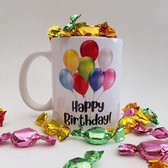 Mok of beker met "Happy birthday!" - koffiemok, theebeker, gefeliciteerd, verjaardag, cadeautje