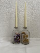 Droogbloemen in glas met kaarsenhouder + kaars - Glazenpot met kaarsenhouder + kaars en droogbloemen - 16cm hoog