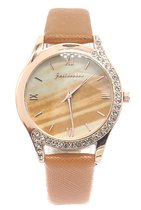 Dielay - Horloge met Steentjes - Dames - Kast 36 mm - Band Kunstleer - Quartz - Lichtbruin