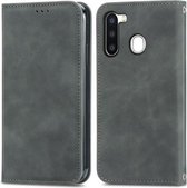 Voor Samsung Galaxy A21 (EU) Retro Skin Feel Business Magnetische Horizontale Flip Leren Case met Houder & Kaartsleuven & Portemonnee & Fotolijst (Grijs)