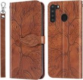 Voor Samsung Galaxy A21 Life of Tree Embossing Pattern Horizontale Flip lederen tas met houder & kaartsleuf & portemonnee & fotolijst & lanyard (bruin)
