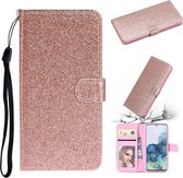 Voor Samsung Galaxy A31 Glitterpoeder Horizontaal Flip Leren Case met Kaartsleuven & Houder & Fotolijst & Portemonnee (Rose Goud)