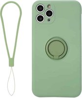 Voor iPhone 11 Pro effen kleur vloeibare siliconen schokbestendige volledige dekking beschermhoes met ringhouder en lanyard (groen)