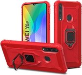 Voor Huawei Y6p koolstofvezel beschermhoes met 360 graden roterende ringhouder (rood)