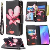 Voor xiaomi redmi k20 / mi 9t gekleurde tekening patroon rits horizontale flip lederen case met houder & kaartsleuven & portemonnee (lotus)