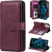 Voor iPhone 12 Pro Max multifunctionele magnetische koperen gesp horizontale flip effen kleur lederen tas met 10 kaartsleuven & portemonnee & houder & fotolijst (wijnrood)