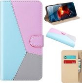 Voor Huawei Y6p Tricolor Stitching Horizontale Flip TPU + PU lederen tas met houder & kaartsleuven & portemonnee (blauw)