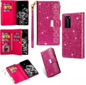 Voor Huawei P40 / P40 Pro Multikaartsleuven Sterrenhemel Lasergravure Glitter Rits Horizontale Flip Leren Hoes met Houder & Portemonnee & Lanyard (Rose Rood)