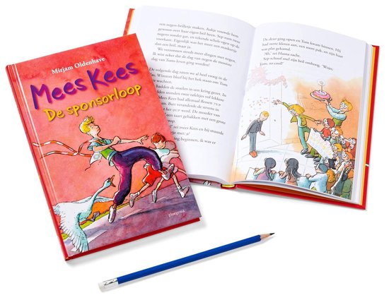 Boek "Mees Kees De sponsorloop" opengeklapt, met de kaft en een illustratie van een klas.