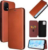 Voor vivo Y52s 5G / iQOO U3 koolstofvezel textuur magnetische horizontale flip TPU + pc + PU lederen tas met kaartsleuf (bruin)