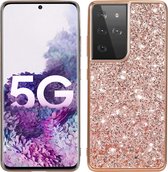 Voor Samsung Galaxy S21 Ultra 5G glitter poeder schokbestendig TPU beschermhoes (rose goud)