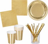 Verjaardag feest/party tafel dekken set in het goud - 24x bordjes - 24x bekers - 24x servetten en 40x rietjes - Papier/karton