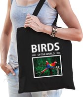 Dieren papegaai vogel foto tas katoen volw + kind zwart - birds of the world - kado boodschappentas/ gymtas / sporttas