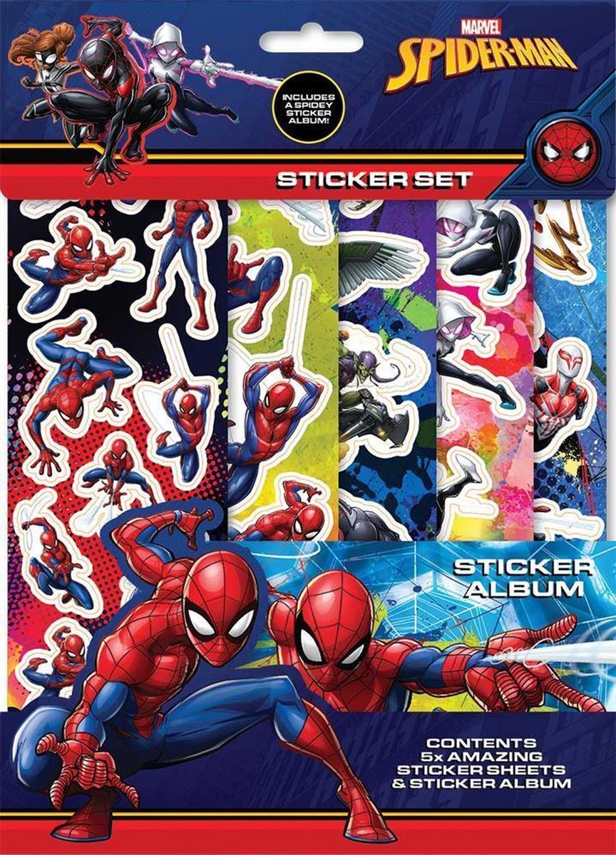 Stickerset ''Spiderman'' | Marvel | 5 stickervellen | Stickerboek | Boekenlegger | Spiderman | Stickers | Knutselen | Stickervellen | Spiderman speelgoed | Knutselen meisjes | Knutselen jongens | Sticker | Stickers kinderen | Marvel legends