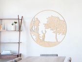 HOUTEN WANDDECORATIE / WOODEN WALL DECORATION - MUURDECORATIE / WALL ART - HERT IN BOS / DEER IN FOREST - 95 x 95cm - LICHT HOUT / NATURAL WOOD - WANDFIGUUR - ECHT HOUT - REAL WOOD