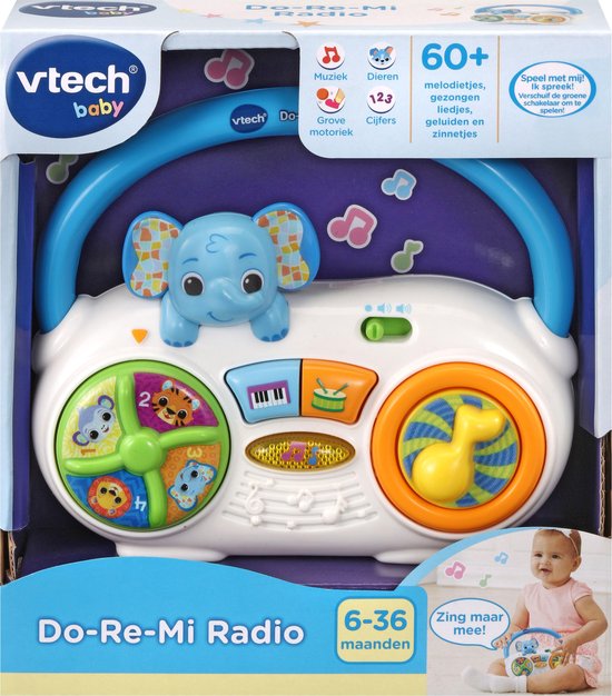 VTech Dierenvriendjes Do-Re-Mi Radio in verpakking, met blauw handvat en een olifant.