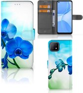 Telefoonhoesje OPPO A73 5G Wallet Book Case met foto Orchidee Blauw Valentijn Cadeautje Vrouw