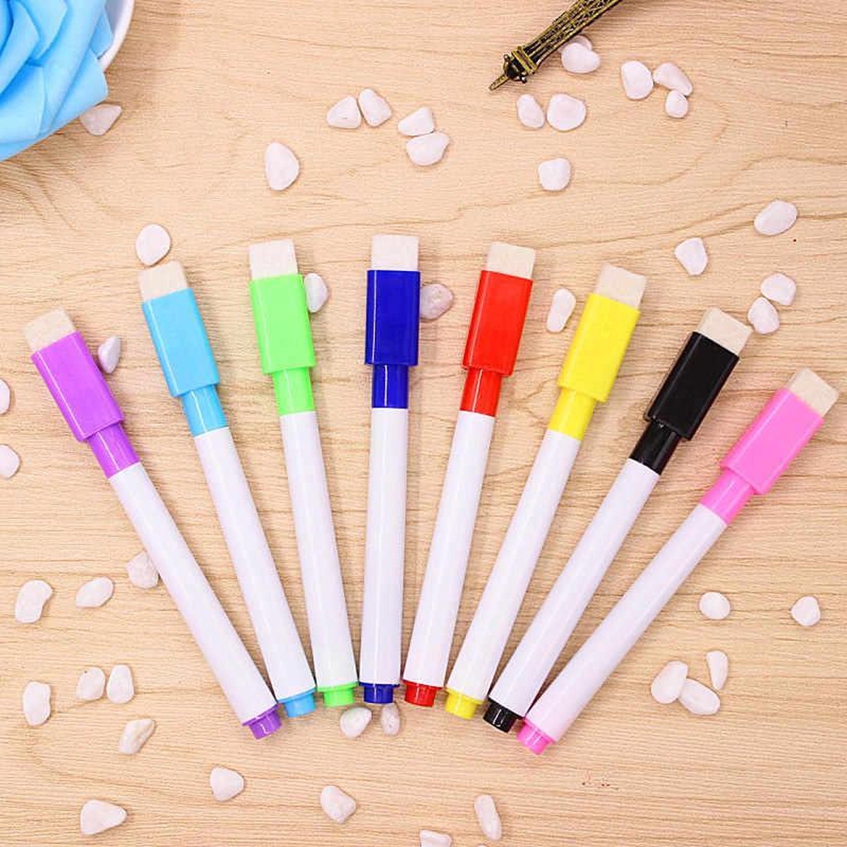 Whiteboard markers - Set 8 Stuks - Zwart - Gekleurde doppen - Geen Magneet - Duidelijk leesbaar