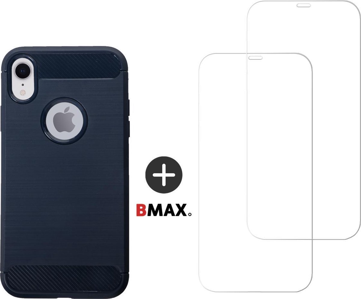 BMAX Telefoonhoesje geschikt voor iPhone XR - Carbon softcase hoesje blauw - Met 2 screenprotectors