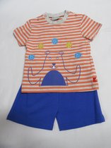 wiplala , kledingset , tshirt + short , orange streep zandkleur , broek blauw , 80 - 12 maand