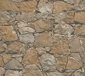 Steen tegel behang Profhome 958631-GU vliesbehang glad met natuur patroon mat bruin beige zwart 5,33 m2
