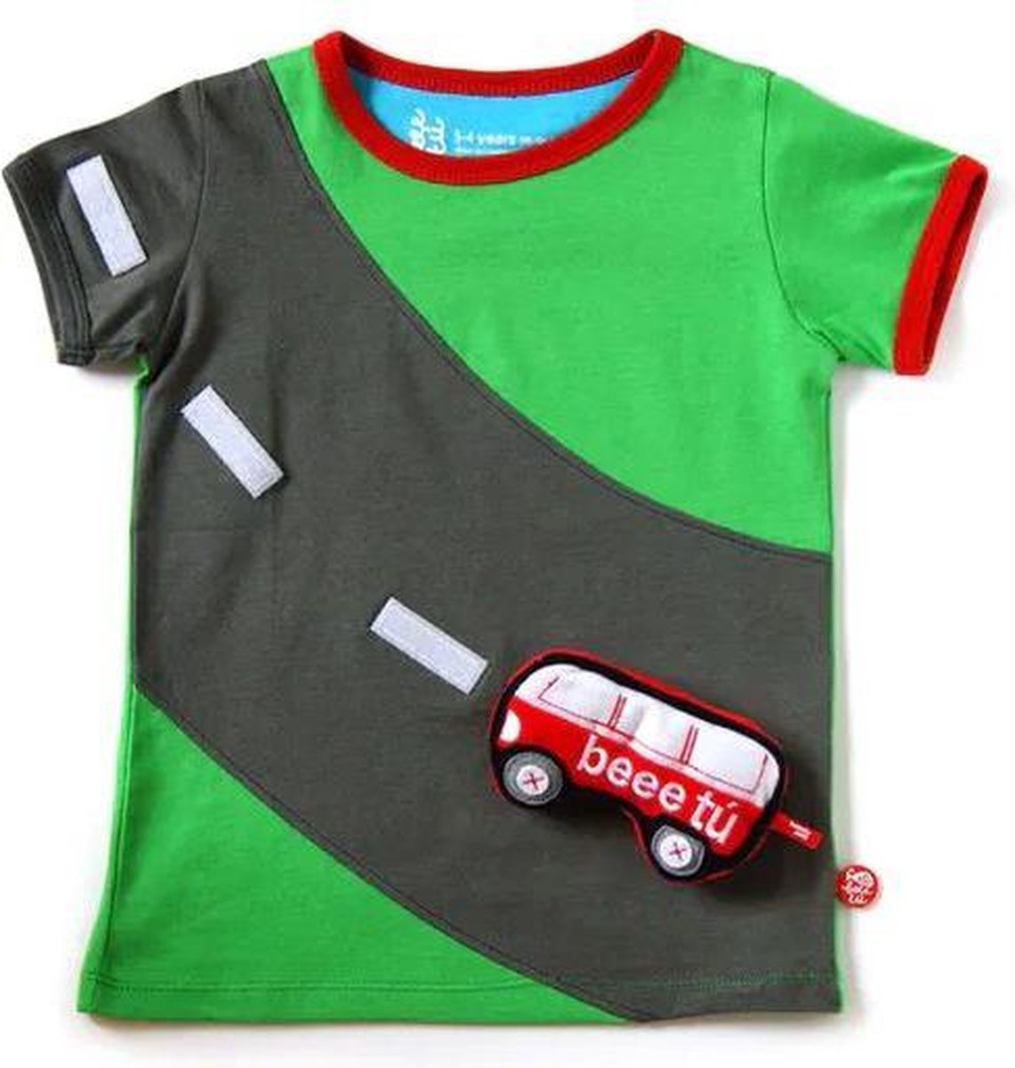 T-shirt voor kinderen met plakfiguur - Autobaan met plakbus - Groen - Katoen - Pak van 1 st - Stimuleert fantasie en creativiteit - Maat 3-4 of 5-6