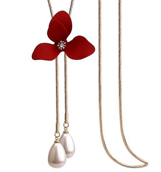 Lange ketting rode bloem gesimuleerde parel kettingen hanger vrouwen |  bol.com