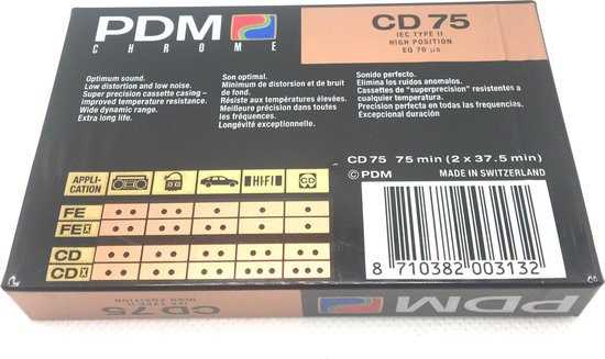 Audio Cassette Tape PDM CD 75 Chrome / Uiterst geschikt voor alle opnamedoeleinden / Sealed Blanco Cassettebandje / Cassettedeck / Walkman / PDM cassettebandje.