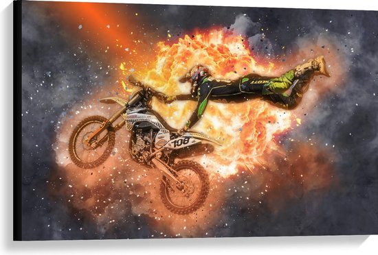 Canvas  - Tekening Motorcross - 90x60cm Foto op Canvas Schilderij (Wanddecoratie op Canvas)