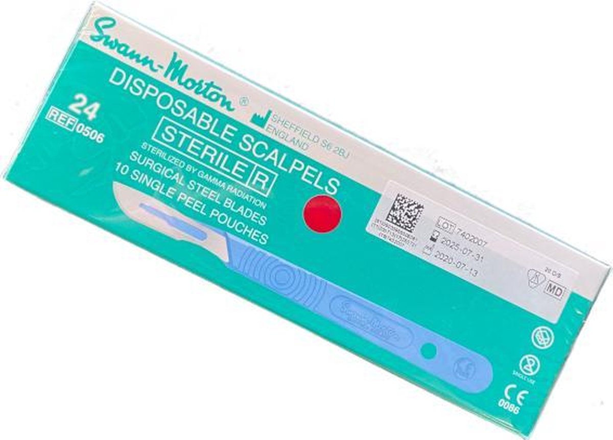 Goedkoopste Swann Morton mesjes steriel met handvat Nummer 24 Swann Morton - Lichtgroen / RVS - Kunststof handvat met RVS mesje - Disposable scalpels - Scalpelmesje inclusief handvat