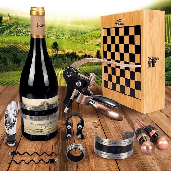 Luxe Wijn Opener Accesoires Set - Schaakbord - Wijn Cadeau Set - Kurkentrekker - Flesopener