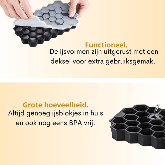 Siliconen ijsblokjesvormen met deksel – Grote vierkante whiskey-ijsvormen voor cocktails, Old Fashioned & Smoothies – 3-pack BPA-vrije ijsblokjesschalen met gemakkelijke verwijdering voor vriezer