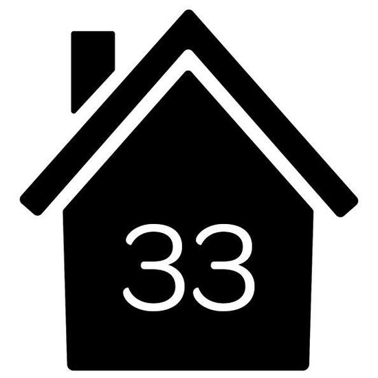 Zwart huisnummer 33 op witte achtergrond met oranje rand.