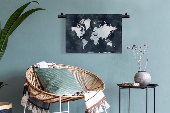 Wandkleed WereldkaartenKerst illustraties - Lichtblauwe en witte wereldkaart voor een achtergrond van donkerblauwe waterverf Wandkleed katoen 60x40 cm - Wandtapijt met foto