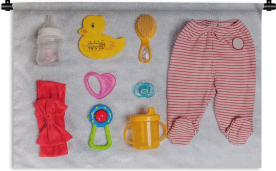 Wandkleed Knolling - Kleding - Knolling lay-out van kleding voor baby en accessoires Wandkleed katoen 60x40 cm - Wandtapijt met foto