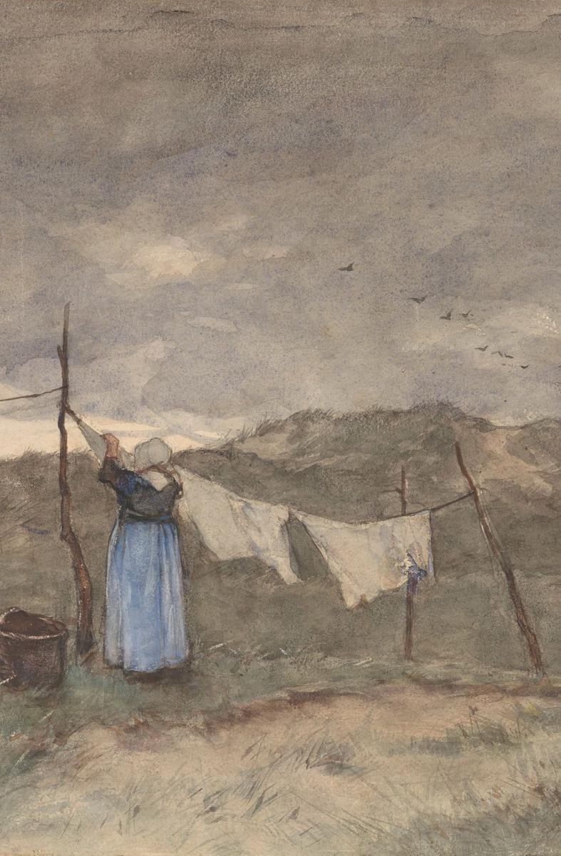 Schilderij - vrouw bij waslijn - Anton Mauve - Collectie ART Facsimile - Forex met blanke lijst - 98x148cm