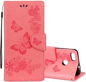 Voor Huawei P9 Lite Mini Vintage reliÃ«f bloemen vlinderpatroon horizontale flip lederen tas met kaartsleuf en houder & portemonnee en lanyard (roze)