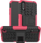 Voor Galaxy A01 Tire Texture Shockproof TPU + PC beschermhoes met houder (Rose Red)