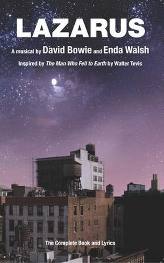 Boekcover van Lazarus, een musical van David Bowie en Enda Walsh, met een sterrenhemel en gebouwen.
