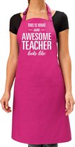 Awesome teacher cadeau bbq/keuken schort roze voor dames -  kado barbecue schort voor lerares / juffen