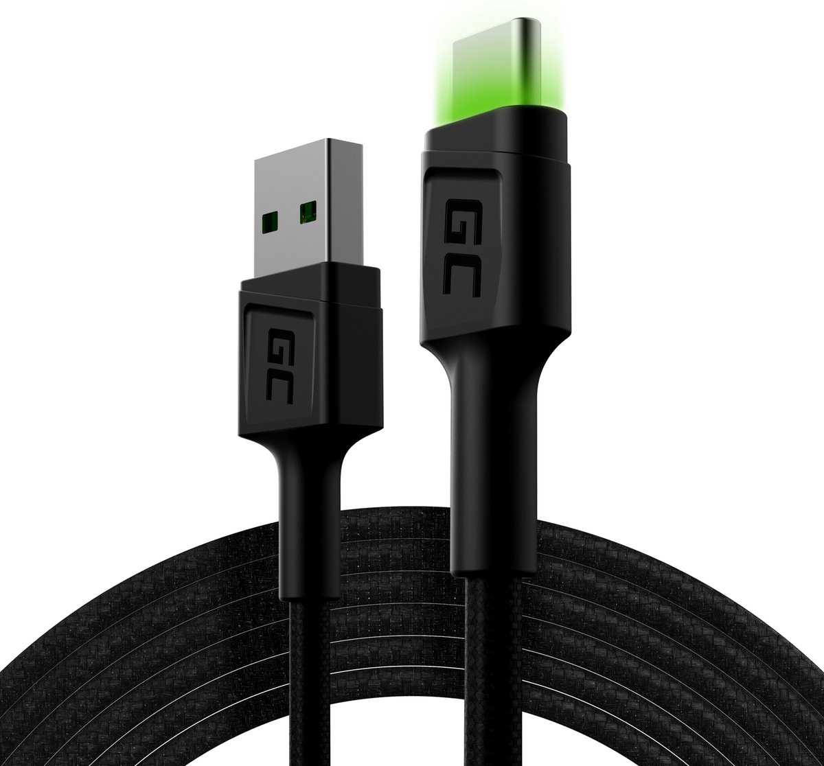 Oplaad kabel GC Ray USB - USB-C 200cm met ingebouwd groen LED licht, Fast Charging -Ultra Charge - QC 3.0.