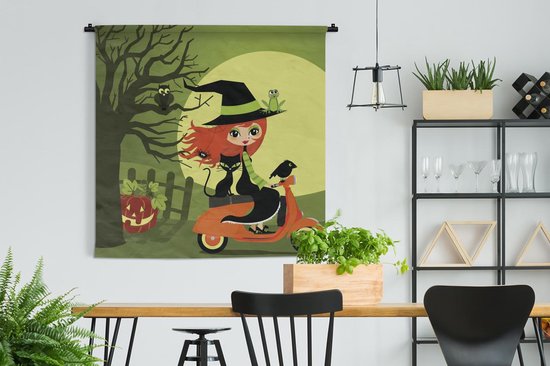 Tapisserie Illustration Vespa - Illustration d'une sorcière sur une Vespa Tapisserie coton 120x120 cm - Tapisserie avec photo
