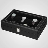 SONGMICS horlogebox met 12 vakken, horlogebox met glazen deksel, horlogekast met afneembaar horlogekussen, metalen slot, premium horlogebox, PU-deksel in zwart, fluwelen voering in