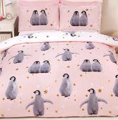 2-persoons meisjes dekbedovertrek (dekbed hoes) roze / zachtroze met pinguïns (grijs) en gouden en witte sterren / sterretjes 200 x 200 cm (cadeau idee!)