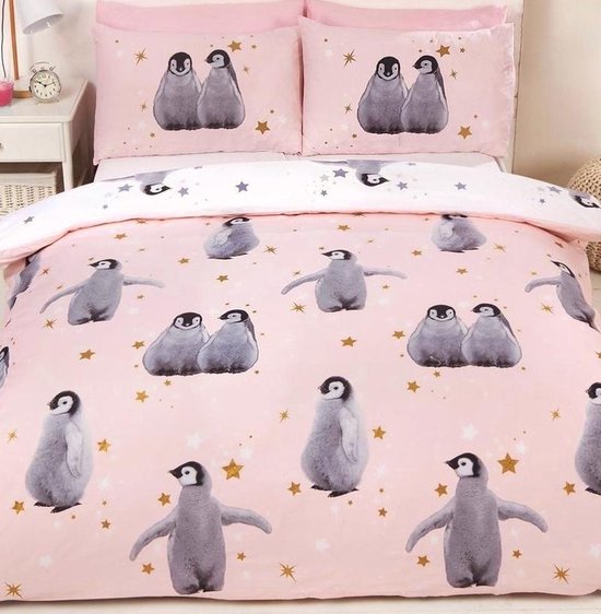 meisjes dekbedovertrek (dekbed hoes) roze met pinguïns (grijs)... | bol.com