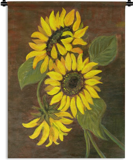 Wandkleed Zonnebloemen Illustraties - Olieverf schilderij van zonnebloemen Wandkleed katoen 60x80 cm - Wandtapijt met foto