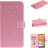 Voor Samsung Galaxy A01 Glitterpoeder Horizontaal Flip Leren Case met Kaartsleuven & Houder & Fotolijst & Portemonnee (Roze)