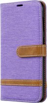 Kleurafstemming Denim Texture Leather Case voor Galaxy A20 / A30, met houder & kaartsleuven & portemonnee & lanyard (paars)