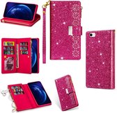 Voor iPhone SE 2020/8/7 Multi-kaartsleuven Sterrenhemel Lasergravure Glitter Rits Horizontale Flip Leren Case met Houder & Portemonnee & Lanyard (Rose Rood)